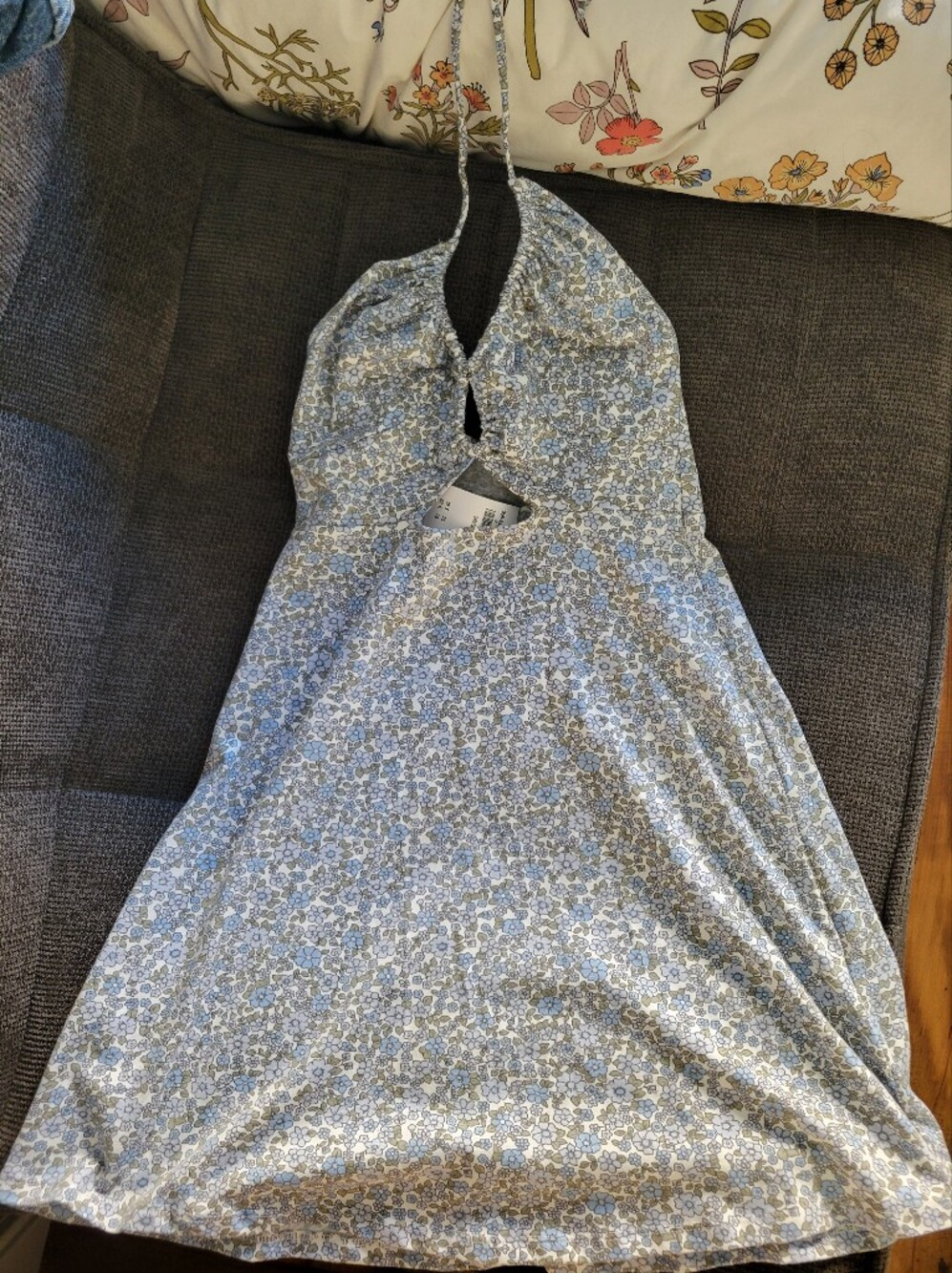 Hollister Light Blue Cotton Floral Halter Keyhole Mini Dress